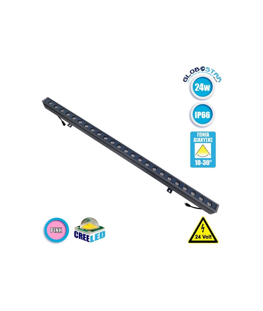 GLOBOSTAR® WASHERMARGO 05106 Μπάρα Φωτισμού Wall Washer LED 24W 2040lm 30° DC 24V Αδιάβροχο IP66 Ροζ Dimmable - Bridgelux SMD Chip - Γκρι Ανθρακί - Μ100 x Π4 x Υ5cm - 3 Χρόνια Εγγύηση